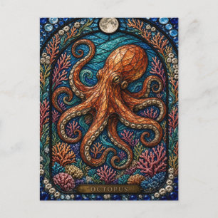 Octopus, Coral Orb Stained Glass Postcard