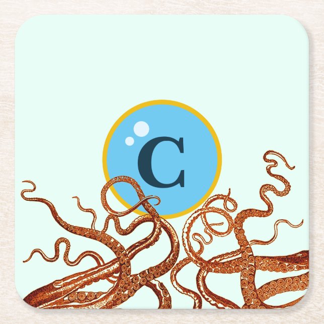 Octopus - custom monogram square paper coaster (Front)