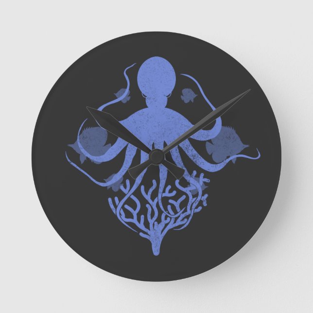 Octopus (dark background) round clock (Front)
