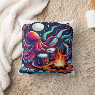 Octopus Drumming by the Campfire Under Moonlight Cushion