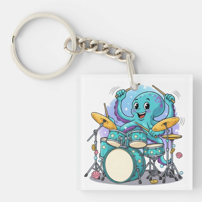 Octopus Drumming Funny Cartoon Octopus Drummer Key Ring (Front)