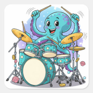 Octopus Drumming Funny Cartoon Octopus Drummer Square Sticker