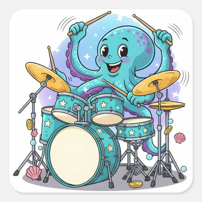 Octopus Drumming Funny Cartoon Octopus Drummer Square Sticker (Front)