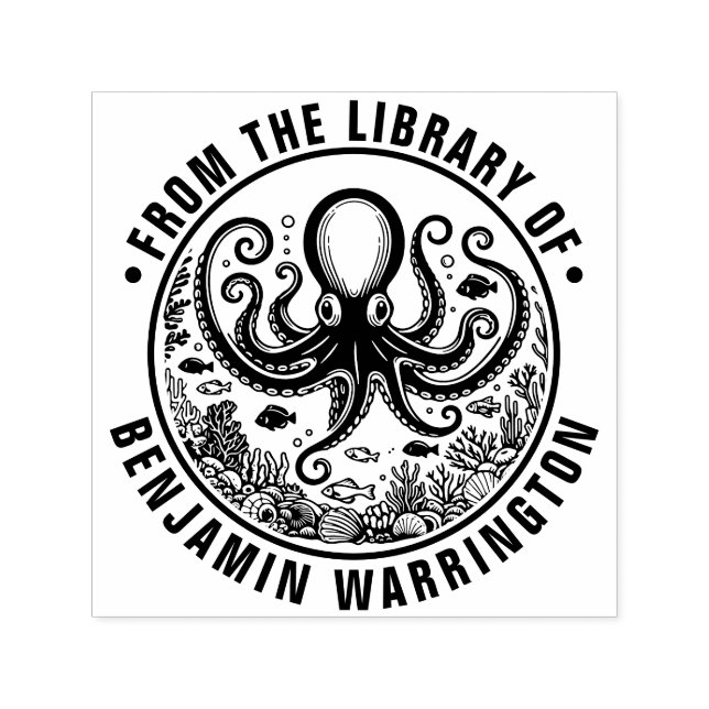 Octopus Fish Seashells Coral Library Book Name Self-inking Stamp (Design)