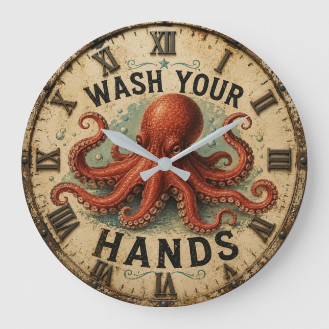  Octopus Funny Coastal Nautical Beach House Large Clock (Front)
