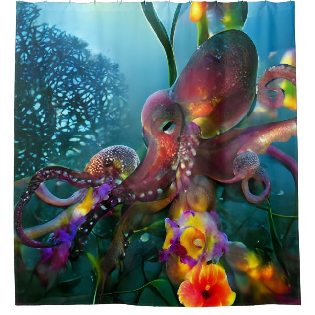 Octopus Garden Colourful Tropical Blue Undersea Shower Curtain (Front)