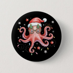 Octopus Glasses Santa Hat Christmas Light Ocean  6 Cm Round Badge