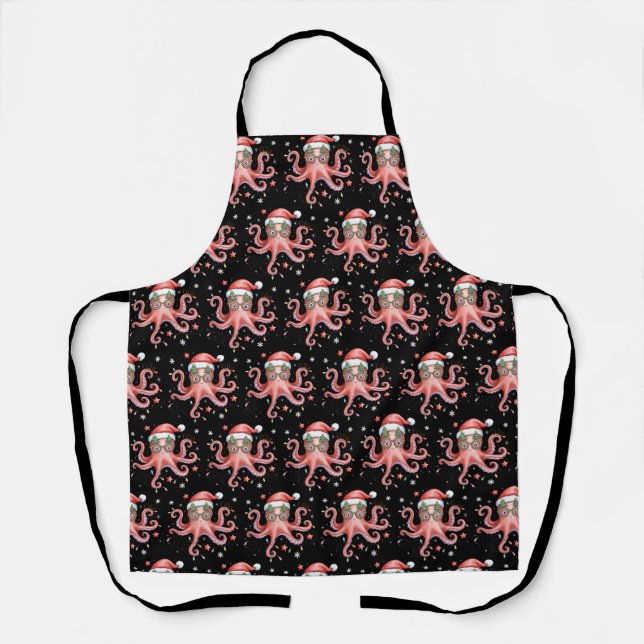Octopus Glasses Santa Hat Christmas Light Ocean  Apron (Front)