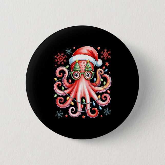 Octopus Gles Santa Hat Christmas Light Ocean Anima 6 Cm Round Badge (Front)