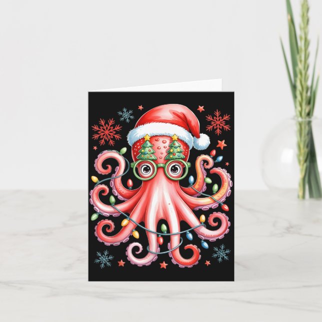 Octopus Gles Santa Hat Christmas Light Ocean Anima Card (Front)