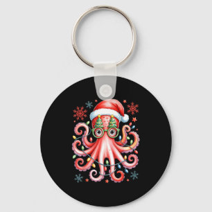 Octopus Gles Santa Hat Christmas Light Ocean Anima Key Ring