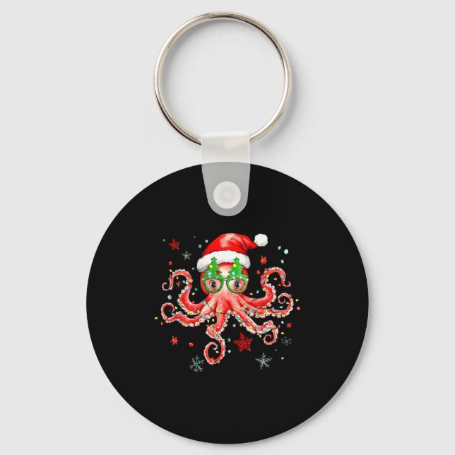 Octopus Gles Santa Hat Christmas Light Ocean Anima Key Ring (Front)
