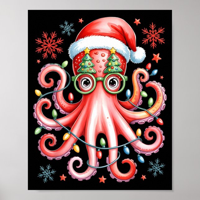 Octopus Gles Santa Hat Christmas Light Ocean Anima Poster (Front)