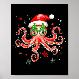 Octopus Gles Santa Hat Christmas Light Ocean Anima Poster