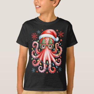 Octopus Gles Santa Hat Christmas Light Ocean Anima T-Shirt
