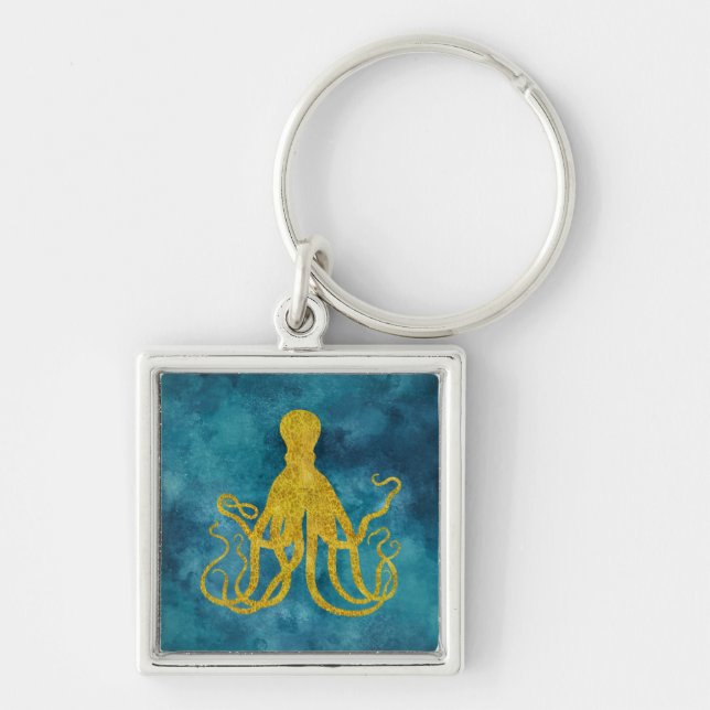 Octopus Gold Leopard Skin Print | Teal Aqua Blue Key Ring (Front)