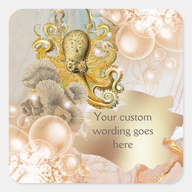 Octopus gold marble bubbles coral marine square square sticker (Front)