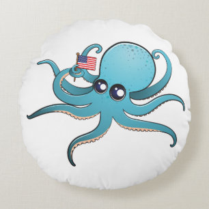 Octopus Holding The American Flag Round Cushion