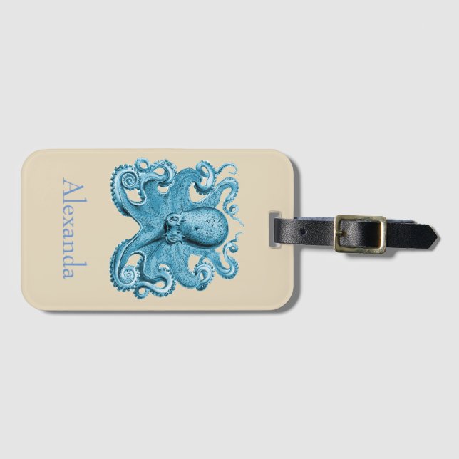Octopus in blue and tan Personalised Luggage Tag (Front Horizontal)