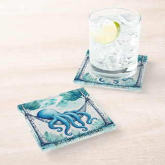 Octopus in Hammock - Not Lazy, Just Relaxed Glass Coaster