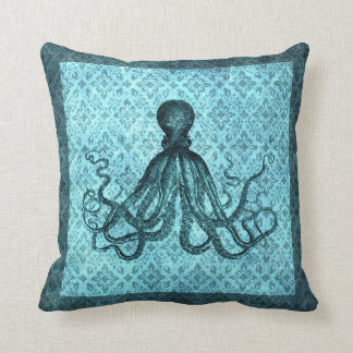 Octopus in Teal on Damask Cushion