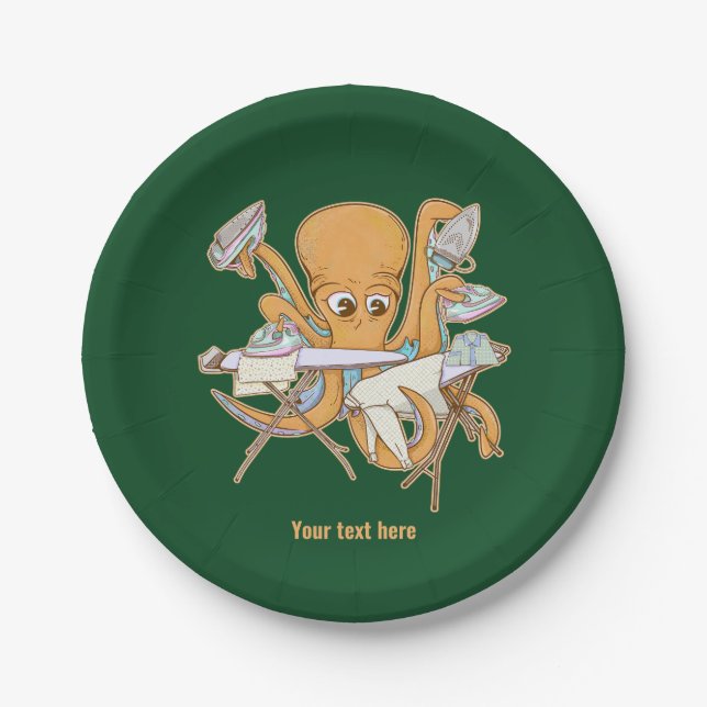 Octopus ironing, overwhelmed by chores. paper plate (Front)