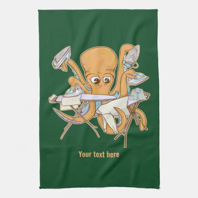 Octopus ironing, overwhelmed by chores. tea towel (Vertical)