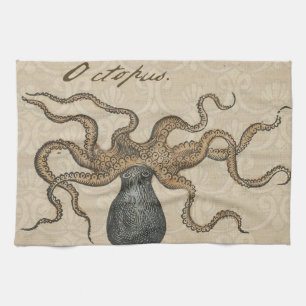 Octopus Kraken Antique Coastal Marine Wildlife Tea Towel