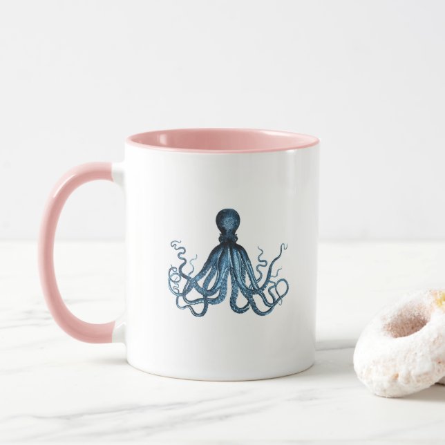 Octopus kraken nautical coastal ocean beach blue mug (With Donut)
