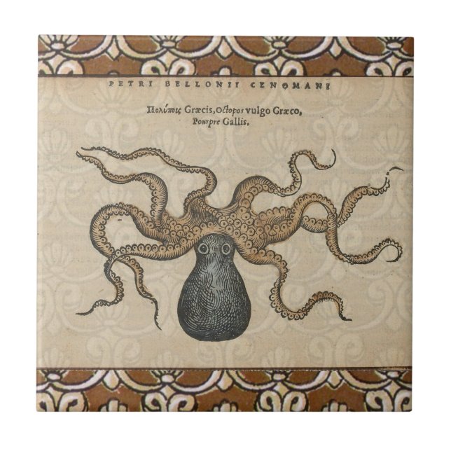 Octopus Kraken Vintage Illustration Tile (Front)
