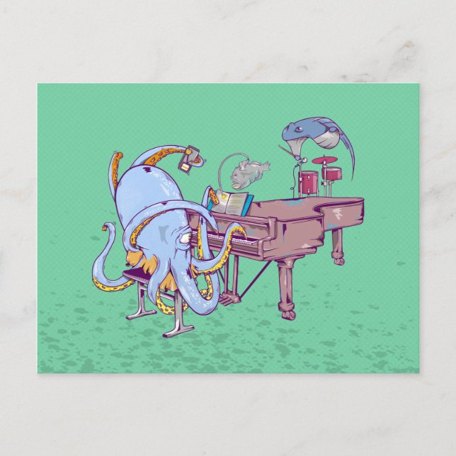 Octopus learning to play a piano postcard (Front)