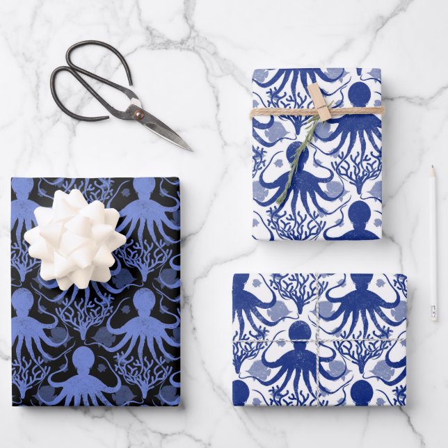 Octopus (light and dark background) wrapping paper sheet (Front)