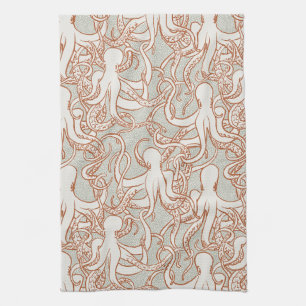 Octopus Line Art   Modern Coastal (Orange & Gray) Tea Towel
