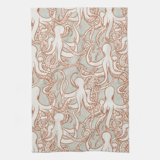 Octopus Line Art | Modern Coastal (Orange & Gray) Tea Towel