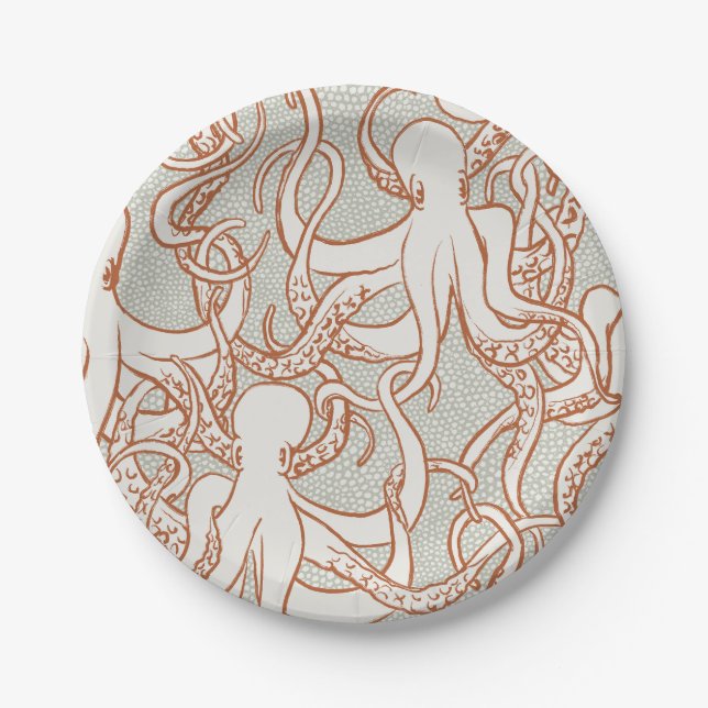 Octopus Line Art | Round Plates (Orange & Gray) (Front)