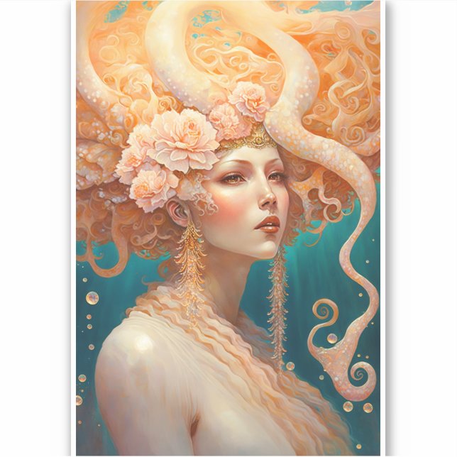 Octopus Mermaid Fantasy Art Sticker (Front)
