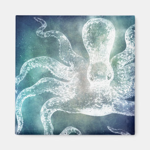 Octopus Midnight Blue Teal Watercolor Vintage Art Magnet