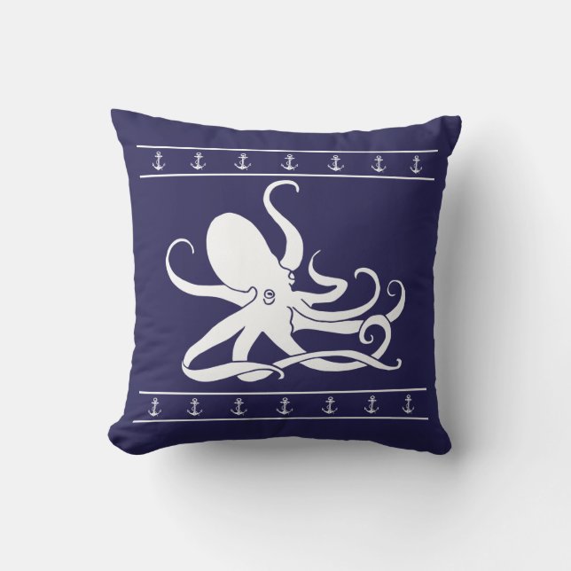 Octopus Nautical Anchor navy Blue Throw Pillow (Front)