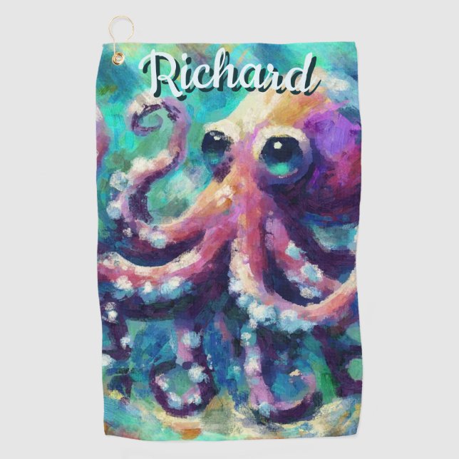 Octopus Nautical Beach Coastal Personalised Golf Towel (Front)