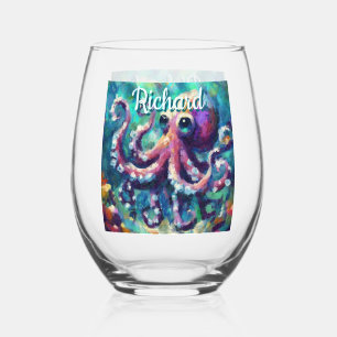 Octopus Nautical Beach Coastal Personalised Stemless Wine Glass