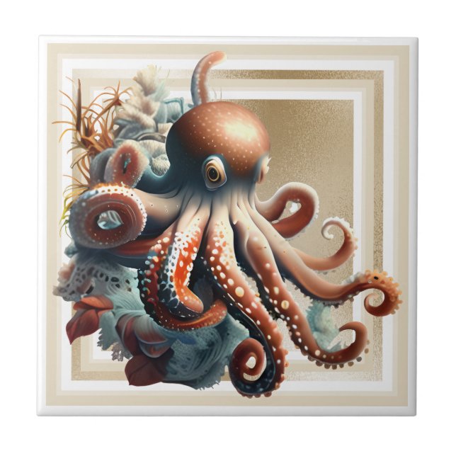 Octopus nautical marine sea gold orange glam tile (Front)