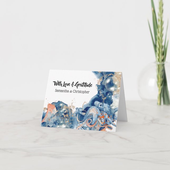 Octopus navy blue orange wedding thank you beach card (Front)