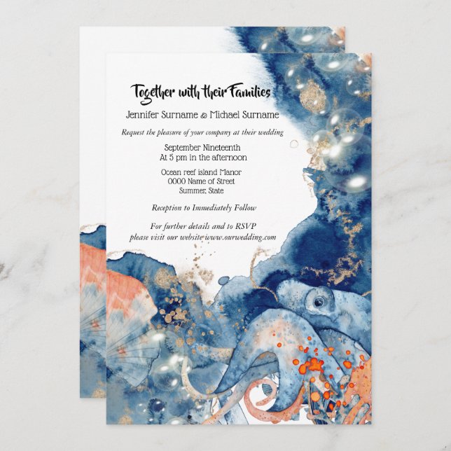 Octopus ocean navy orange splash beach wedding invitation (Front/Back)