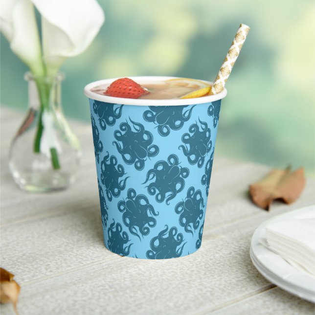 Octopus On Blue Pattern Paper Cups (Insitu)