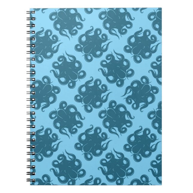 Octopus On Blue Pattern Spiral Notebook (Front)
