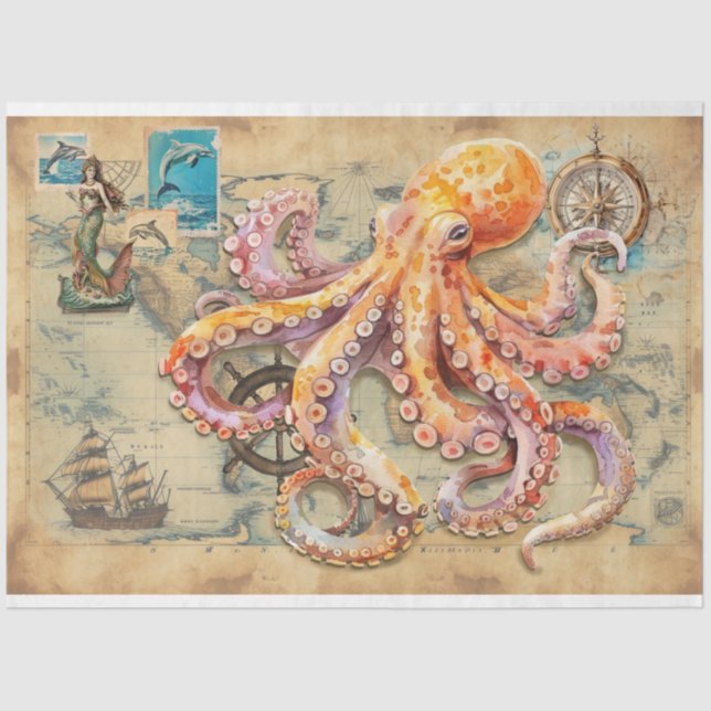 Octopus on map  tissue paper (Front)