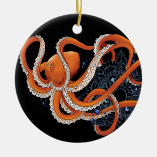 Octopus Orange Mandal Blue Ceramic Tree Decoration