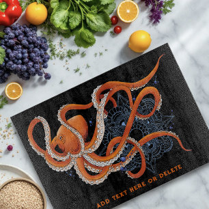 Octopus Orange Mandala Blue Cutting Board