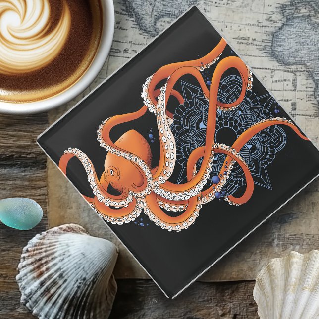 Octopus Orange Mandala Blue Glass Coaster (Creator Uploaded)