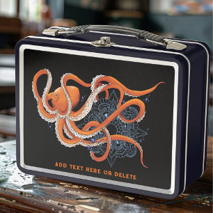 Octopus Orange Mandala Blue Metal Lunch Box